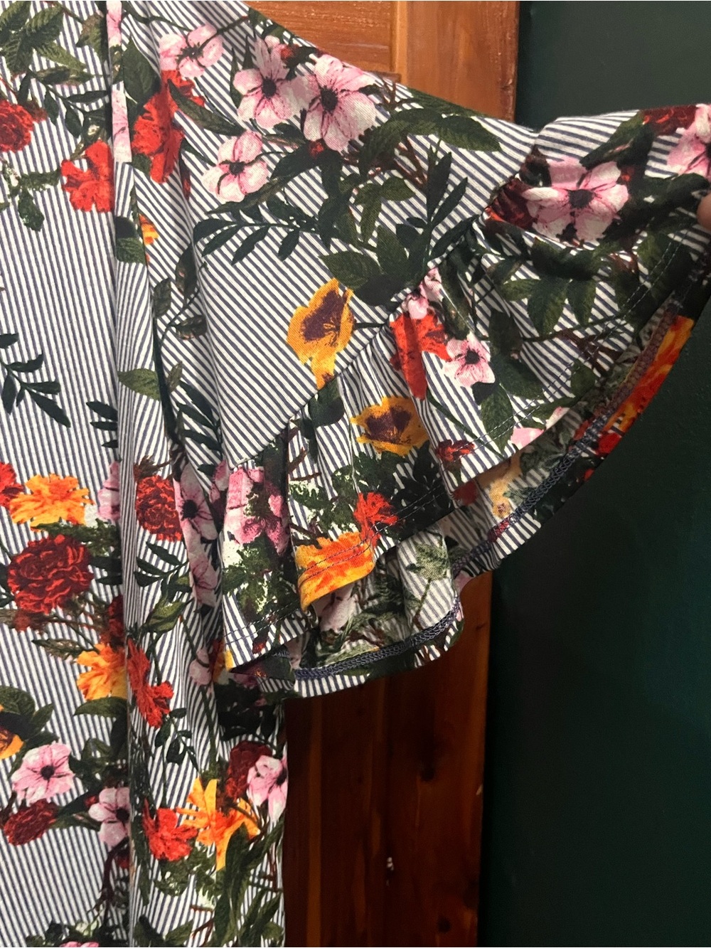 Striped Floral Ruffle-Sleeve Tunic Top - Black/White with Multicolor Blooms - Picture 3 of 3
